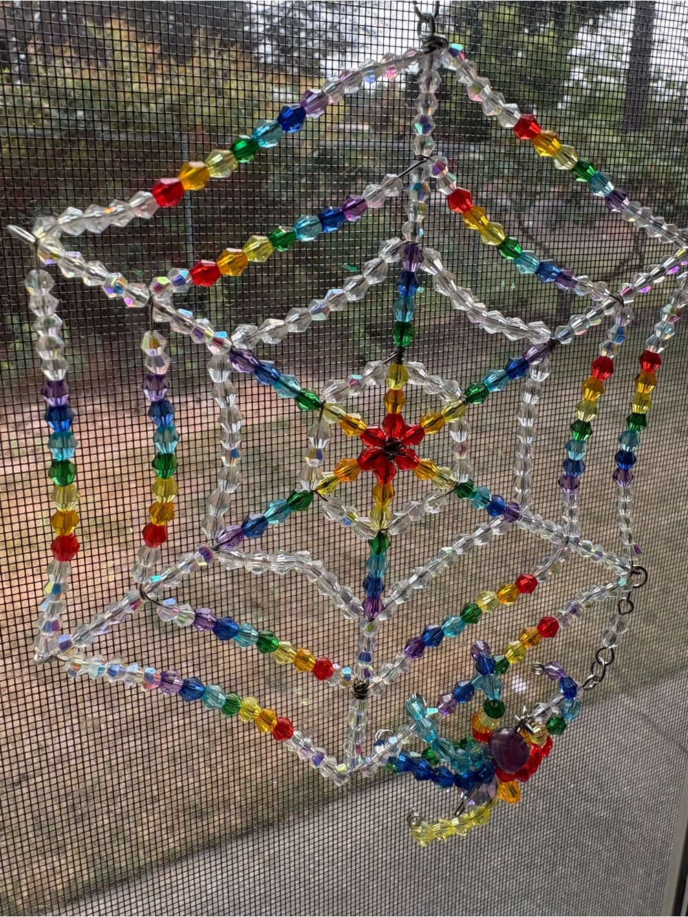 Handmade rainbow spider web w/ amethyst spider - Home Art